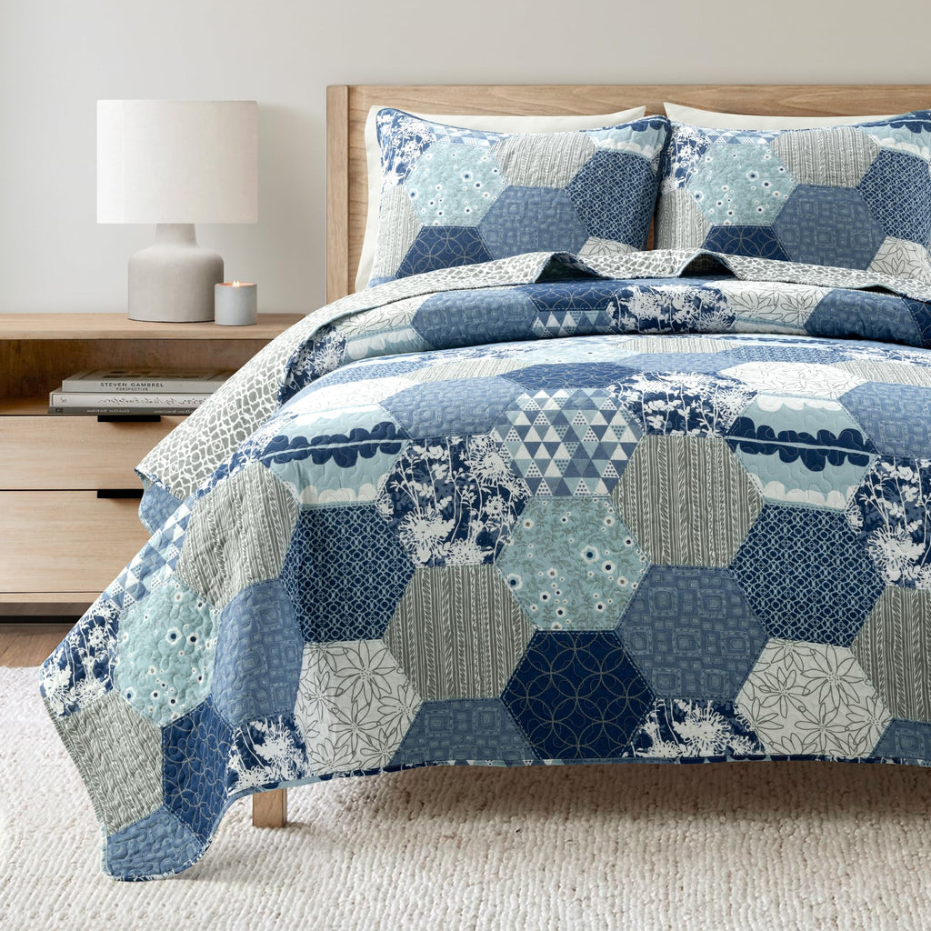 Briley Reversible Cotton Quilt 3 Piece Set Dusty Blue - Bedding Set Quilt - Patchwork