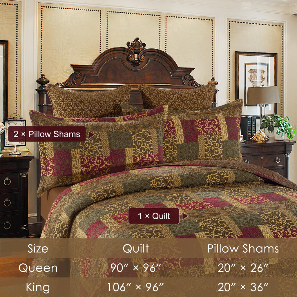 3 Piece Traditional Patchwork Quilt Set, Red Gold