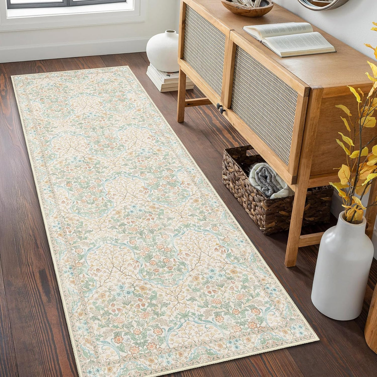 Washable Rug,Floral Area Rugs for Bathroom Entryway Entry Bedroom Bedside,Boho Front Door Mat Indoor Entrance Throw Carpet Botanical Vintage Non Slip Ultra-Thin