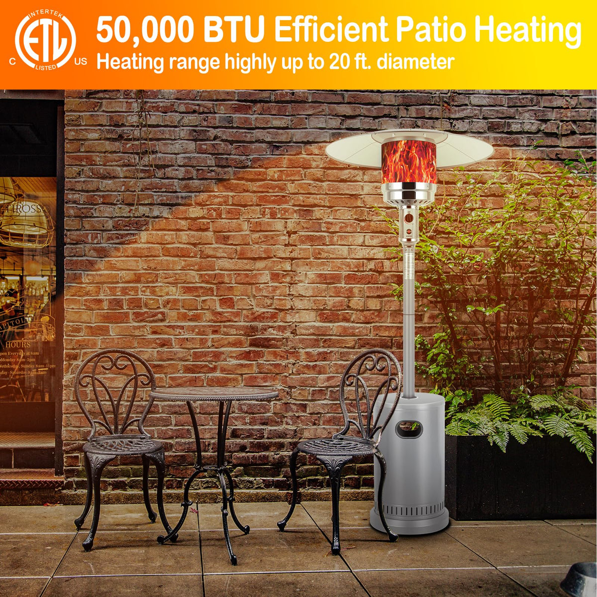 50, 000 BTU Propane Patio Heater, Stainless Steel Burner with Wheels, Table Design, Triple Protection System Outdoor