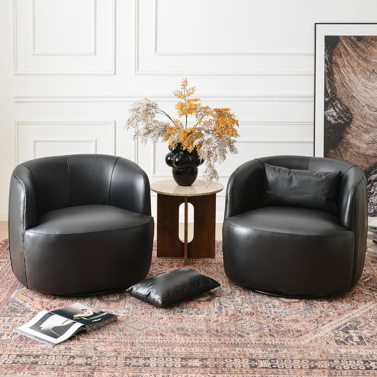 Set of 2 Genuine Leather Upholstered Swivel Barrel Chair, Black