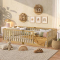 Montessori Floor Bed with High Rails and Slats, Solid Wood Floor Bed Frame with Fence, Low Wooden Kids Beds