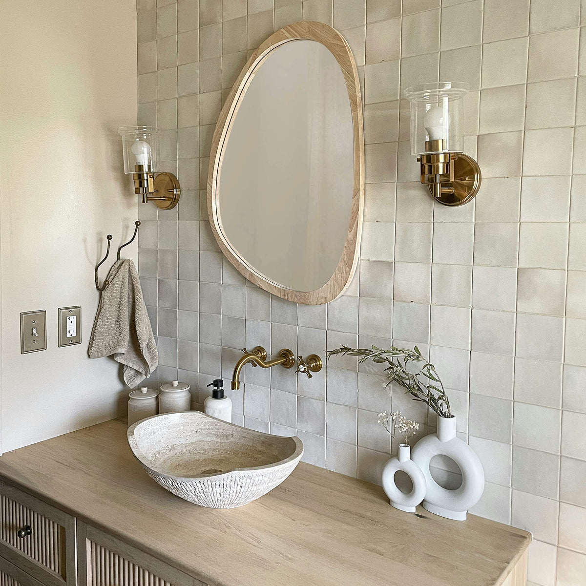 Irregular Wood Frame Boho Mirror - Large Wall Mounted Accent, Asymmetrical, Modern Aesthetic Wall Decor (Natural)