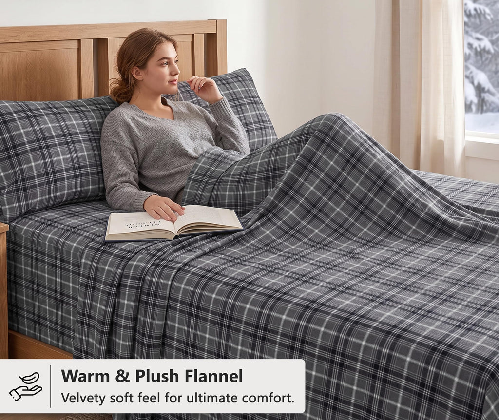 100% Cotton Flannel Sheets 4 Pcs Set, Grey Plaid
