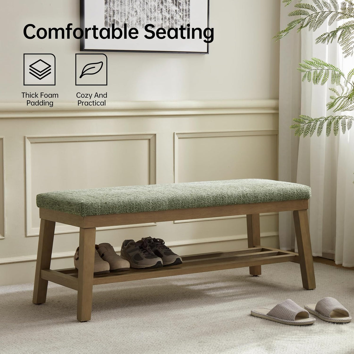 Entryway Bench, Storage Shoe Bench with Rubberwood Legs, Green | Shoe Rack Bench with Cushion, Soft Chenille Fabric