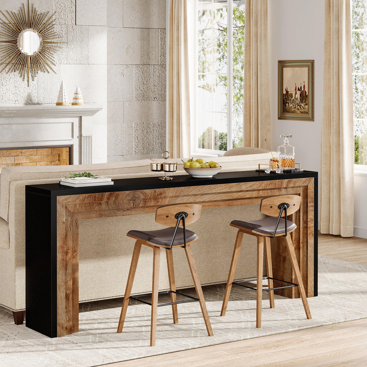 70.9-Inch Long Console Table, Farmhouse Narrow Wooden Sofa Table Behind The Couch, Foyer, Black + Natural Wood Color