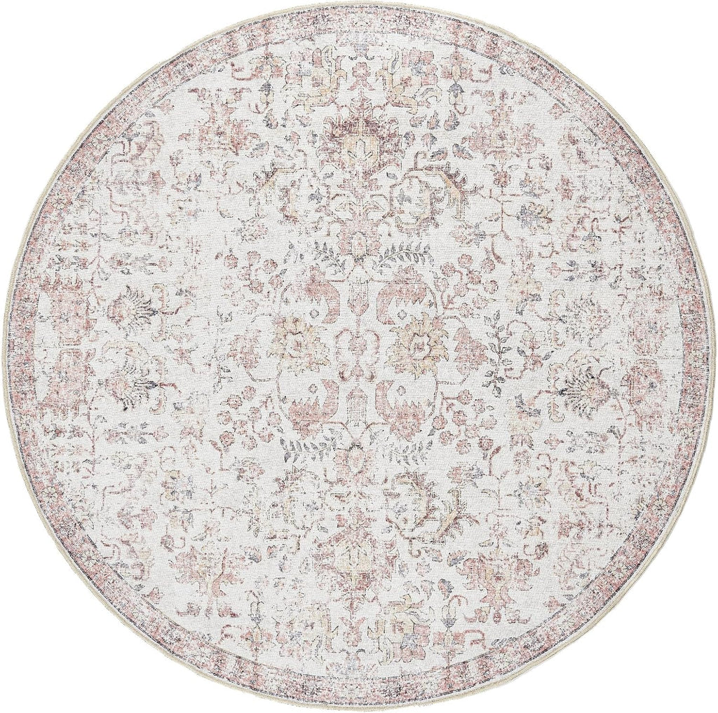 8ft Vintage Floral Round Rug, Circle Washable Rug, Red