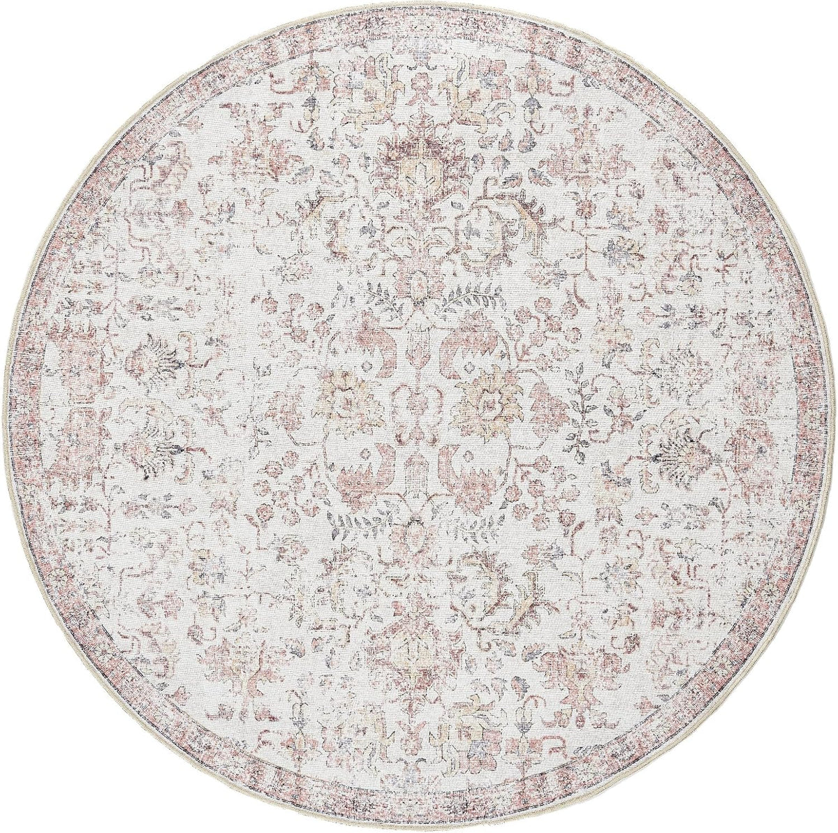 8ft Vintage Floral Round Rug, Circle Washable Rug, Red