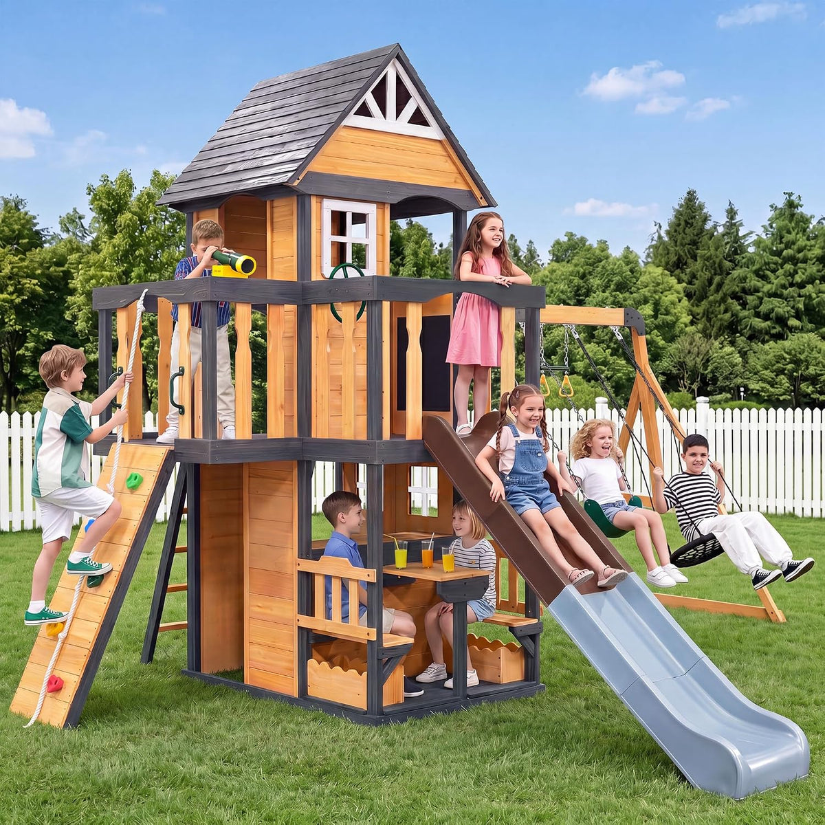 Kids Playground Wooden Swing Set Garden Lawn Play House, Natural | Solid Pine, Kids' Playground, ASTM Safety Norms