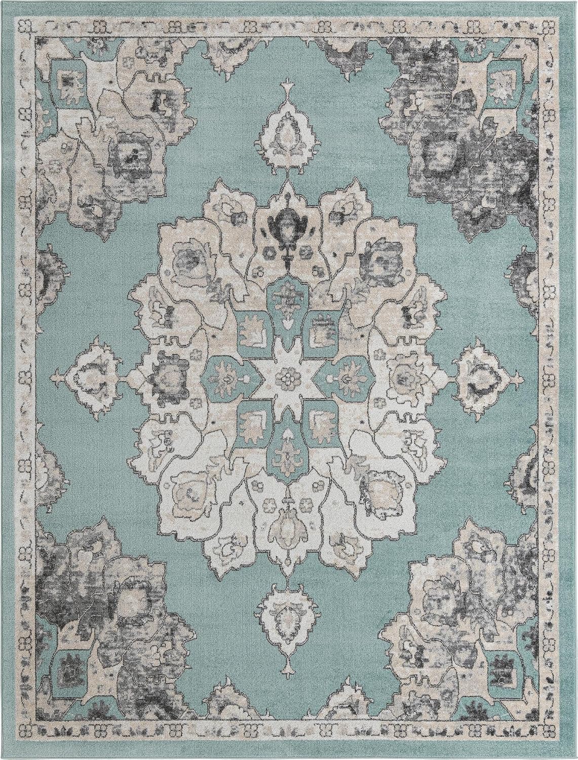 Parker Rug - Aqua Easy-Clean Rug - Vintage Medallion for Living Rooms, Dining Rooms, and Large Spaces