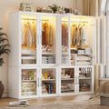 Armoire Wardrobe Closet with Glass Door, Bedroom Closet Wardrobe Cabinet with Hanging Rod, Lighted Freestanding