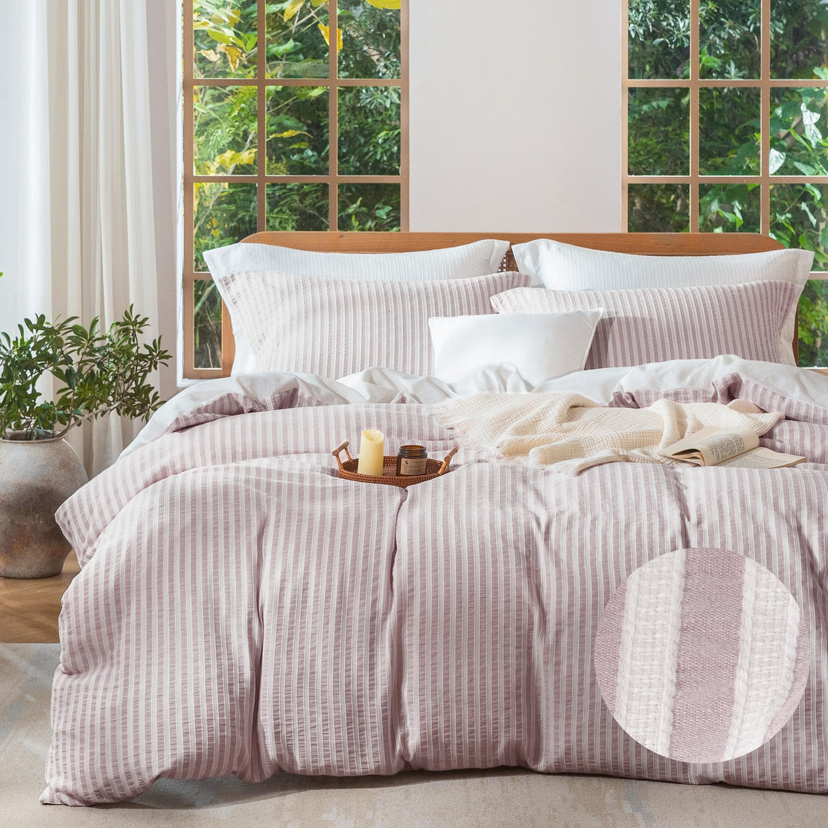 Jacquard Striped Duvet Cover Set 3pcs Dual Zipper Mauve Cal King