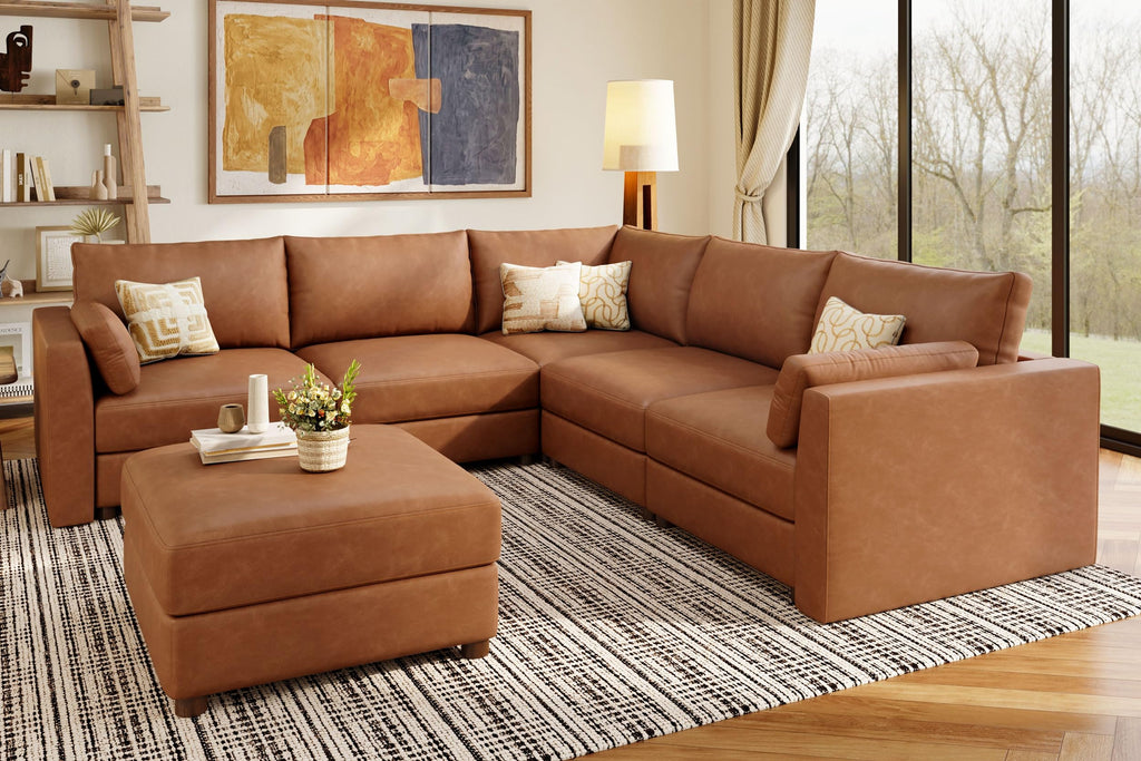 Faux Leather Modular Sectional Sofa Wide V Shaped Couches Brown