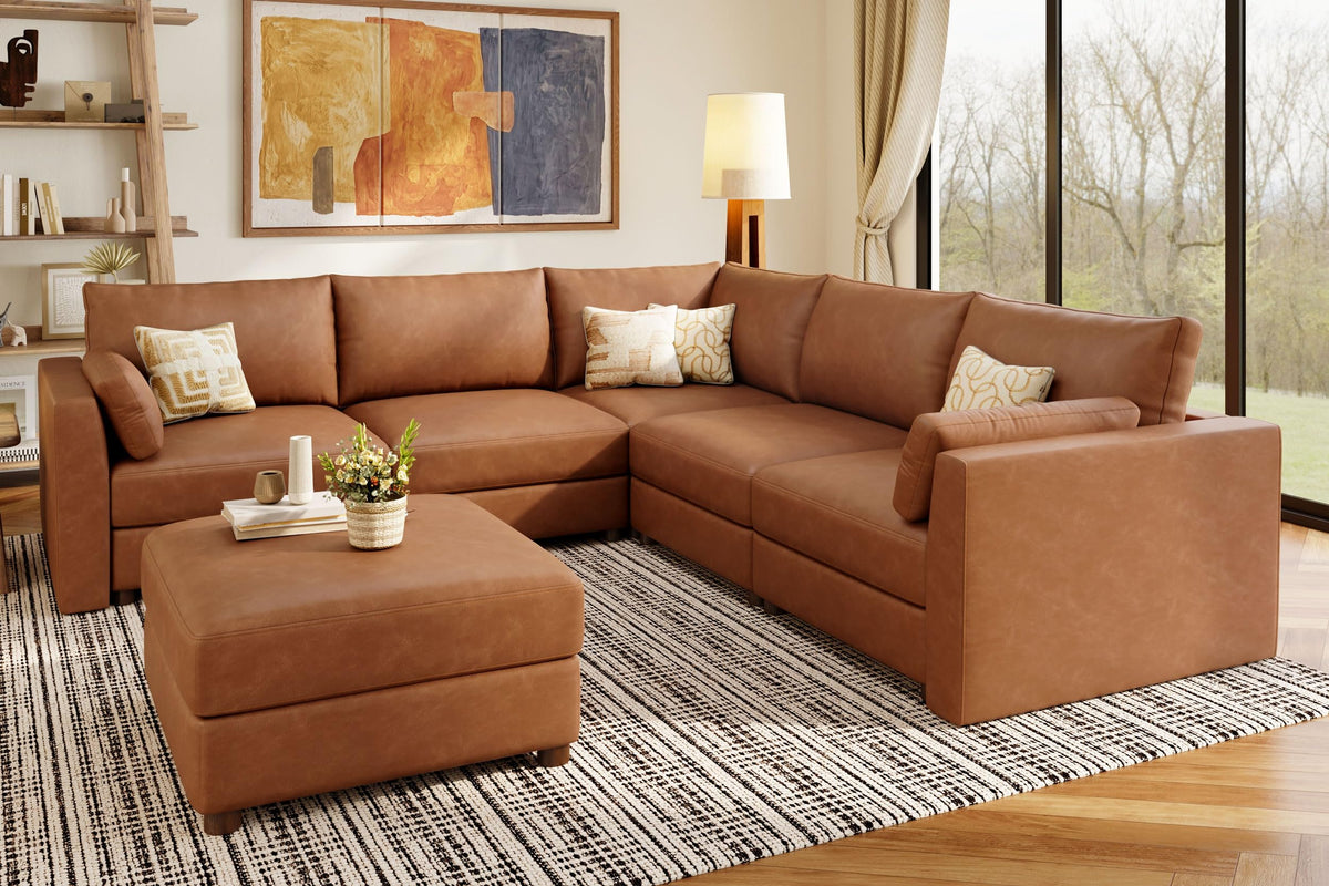 Faux Leather Modular Sectional Sofa Wide V Shaped Couches Brown