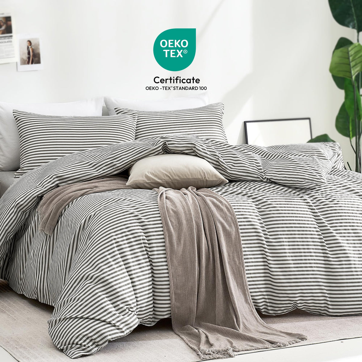 100% Cotton Classic Striped Duvet Cover Set, Grey