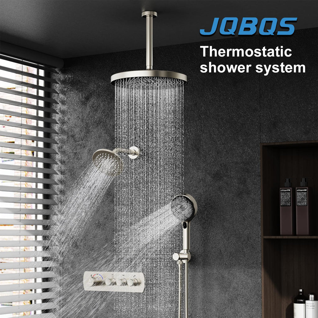 Shower System Brass Thermostatic Shower Faucet Set With Valve and Diverter Shower Mixer with 2 Rain Shower Head and