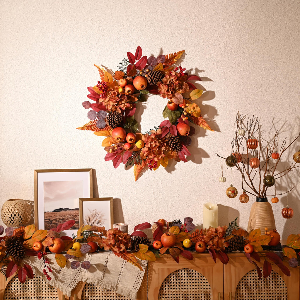 DecorbyHannah 6ft Fall Garland for Mantle with Lights & Leaves Pomegranate