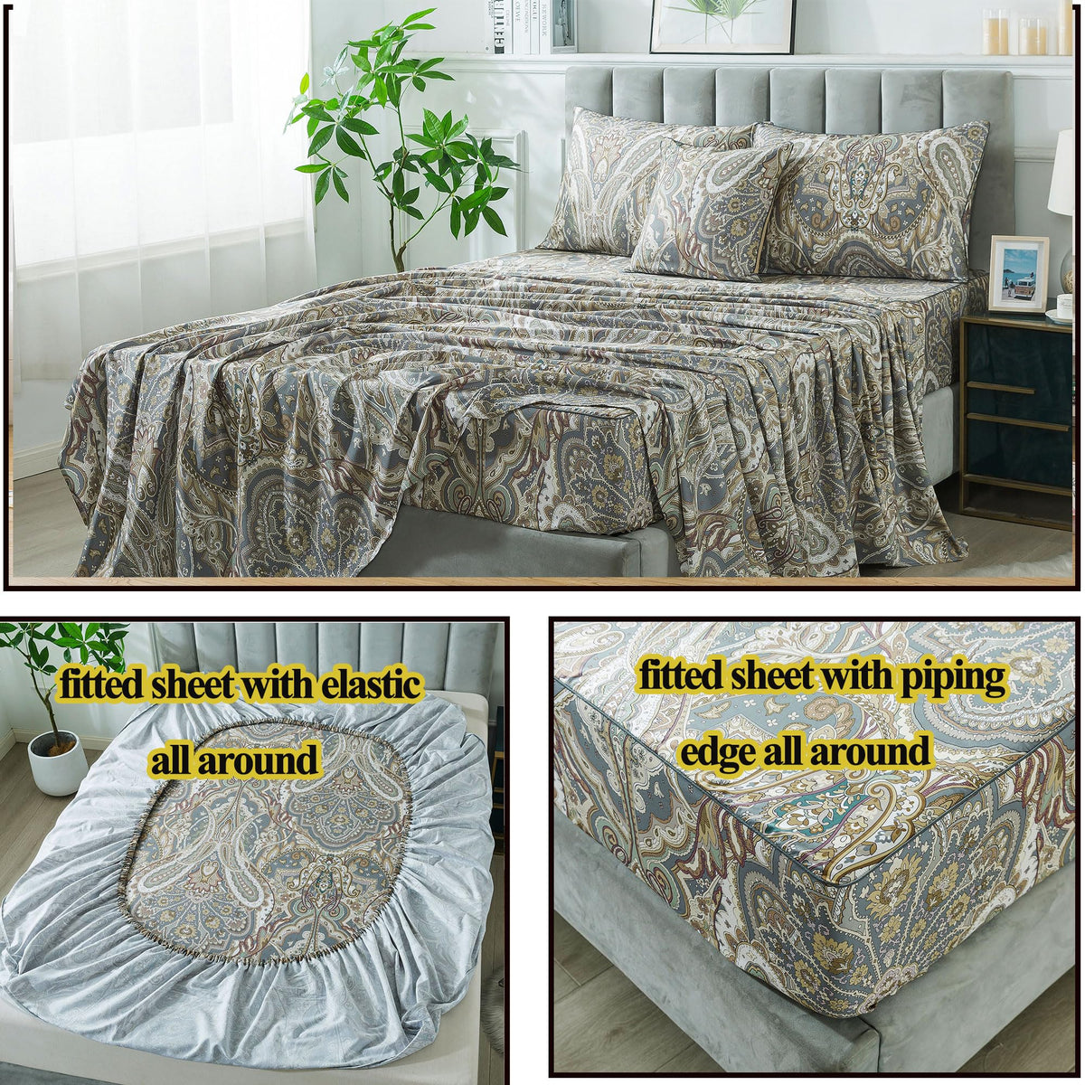Paisley Sheets Set Full Classic Boho Paisley Bedding Luxurious Bohemian Damask Paisley Bed Sheet Set Breathable 100%