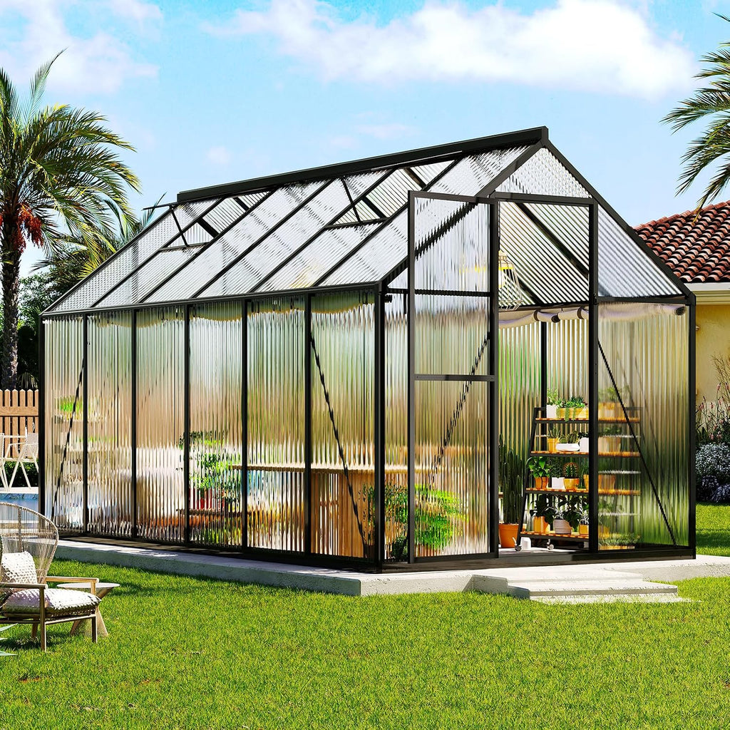 6x12 Ft Polycarbonate Greenhouse for Outdoors, Walk-in Design with Aluminum Frame, 2 Windows and Swing Door
