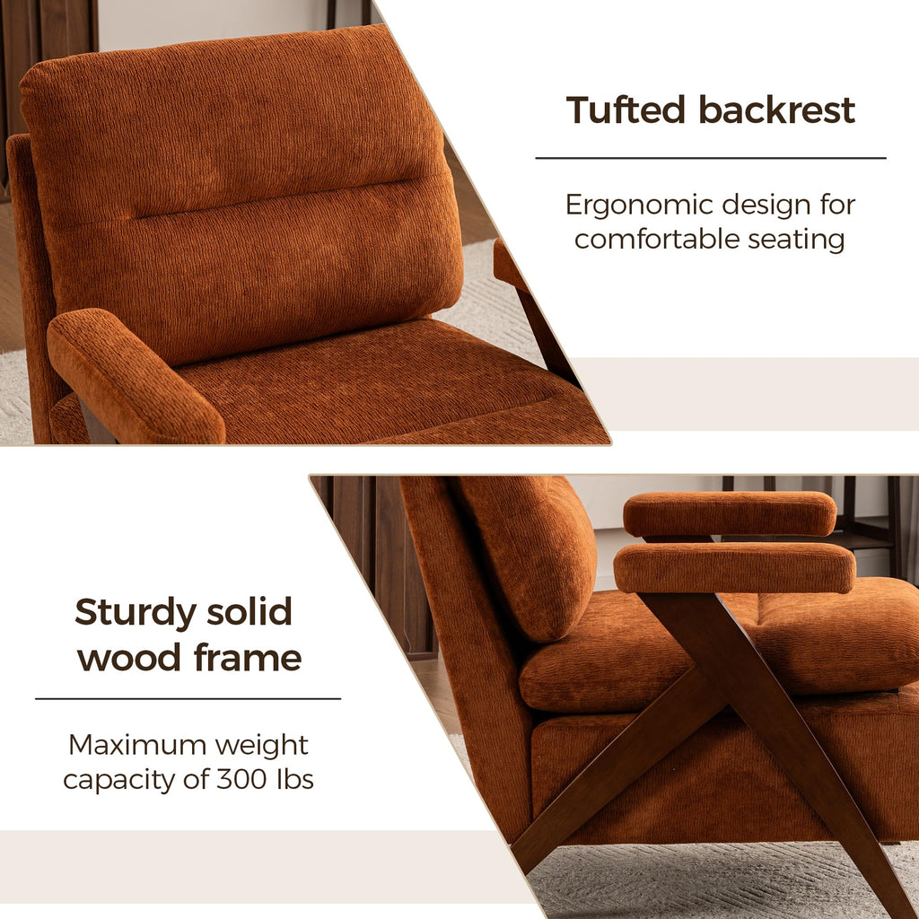 Mid Century Modern Accent Chair, Comfy Solid Wood Armchair with Tufted Fabric Cushion, Cozy Reading Chair & Small