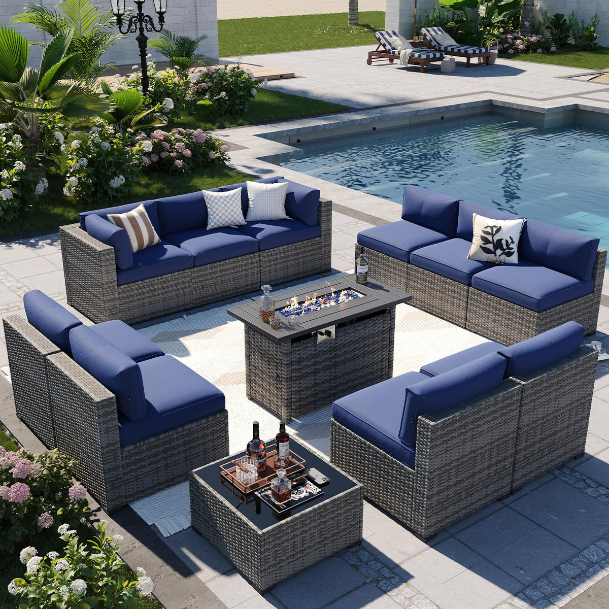 Patio Furniture Sets, 12-Piece Outdoor Patio Furniture with 44'' Propane Gas Firepit Table, Wicker Outdoor