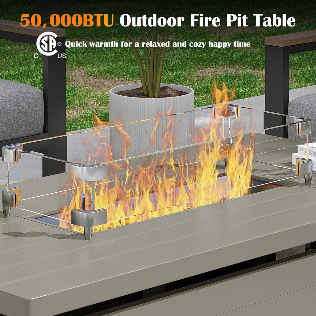 51 Inch Outdoor Fire Pit Table, 50,000BTU Rectangle Propane Fire Pit with Sliding Tank Holder, Glass Wind Guard, Dust Cover, Removable Lid, CSA