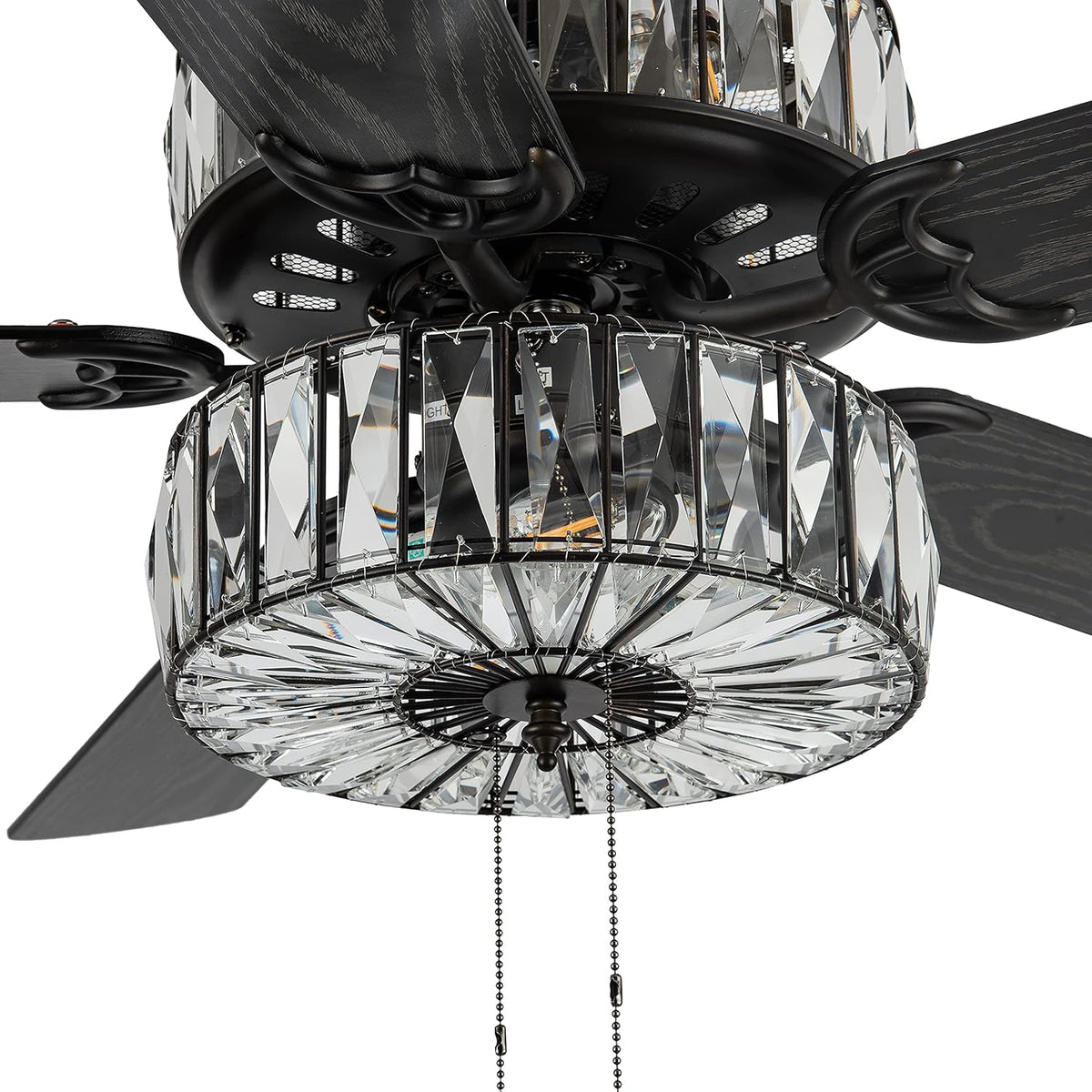 52" Glam Double-Lit LED Ceiling Fan with Clear K-9 Crystal Caged Lights - Reversible Blades (Mahogany/Antique Black)