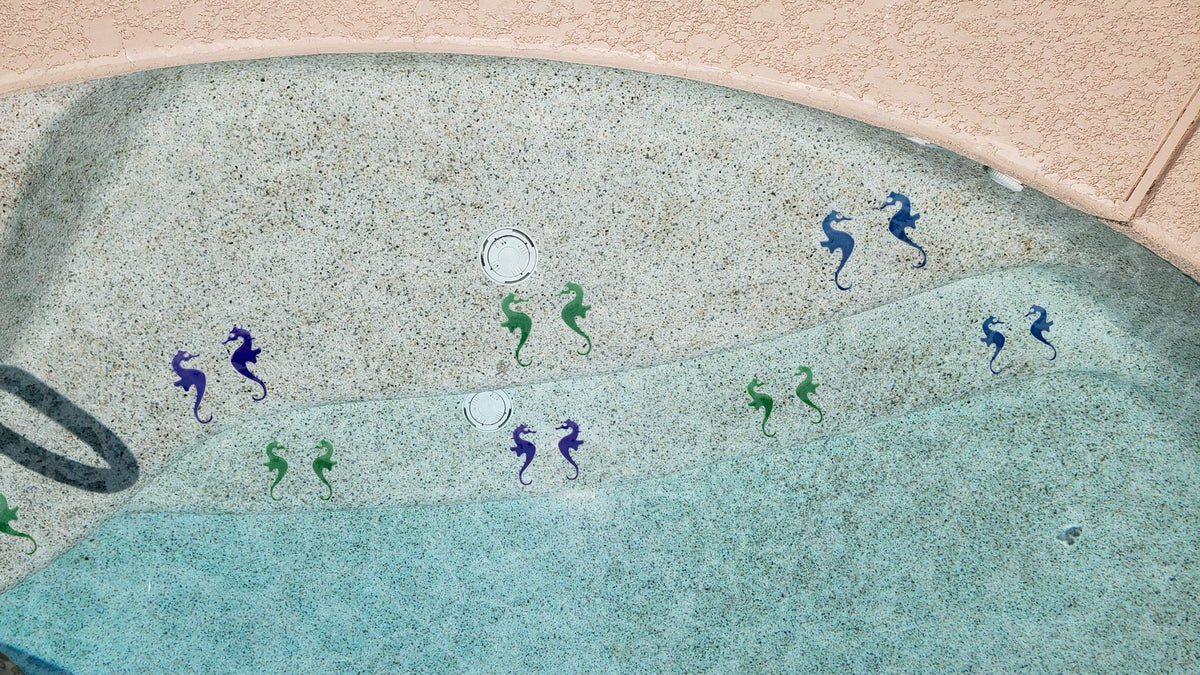 Porcelain Swimming Pool Step Marker Mosaic 3.5" x 2"Glitter Sea Horse (1 Right & 1 Left 2) Blue