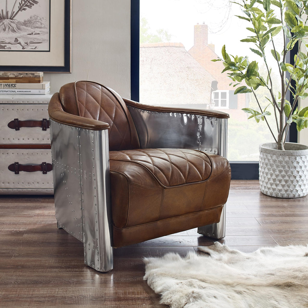 Mid Century Industrial Genuine Leather Accent Club Chair Cognac