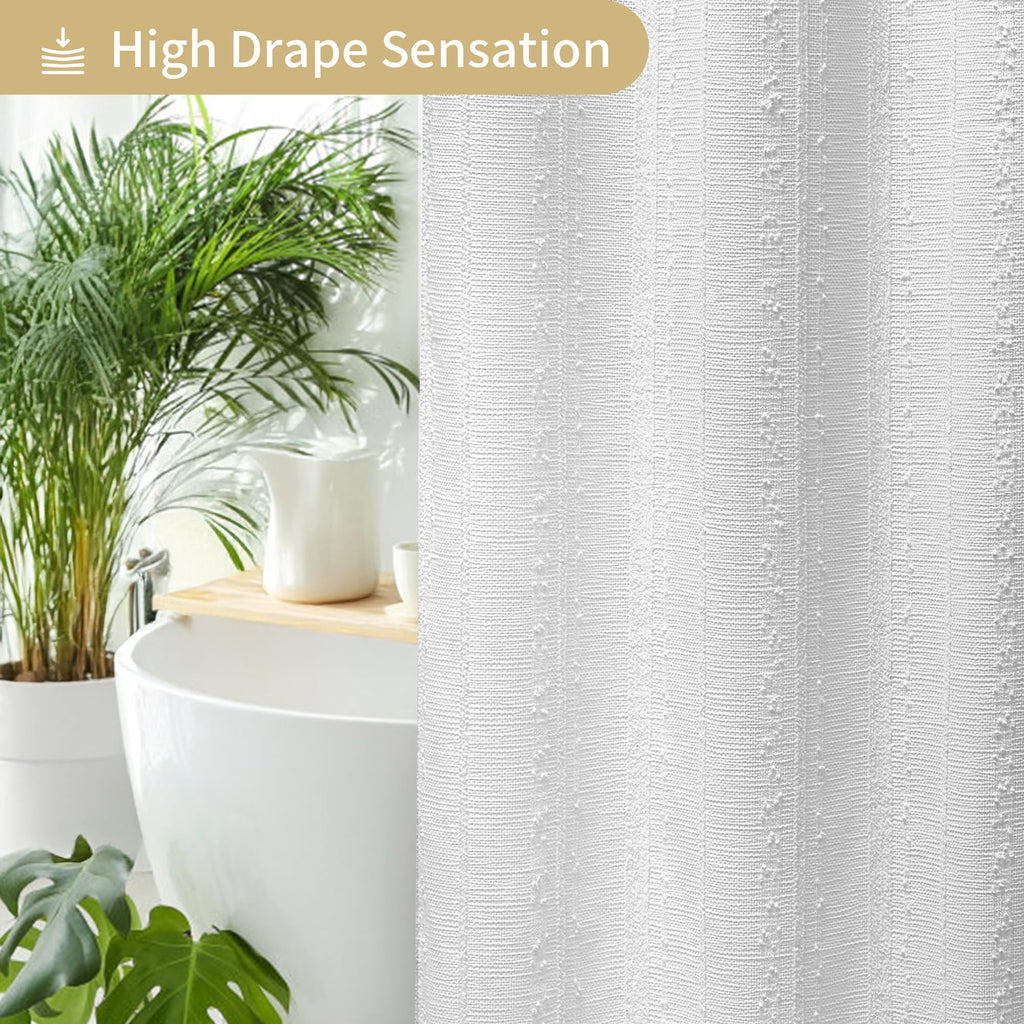 White Boho, Textured Cotton Blend Waffle Weave Stripe Fabric Shower Curtains, Washable, 72 x 72