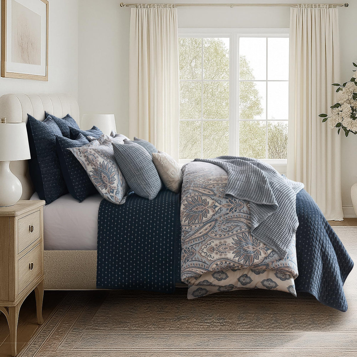 Kasey Blue Comforter Set - Comforter (104x92in) and 2 Shams (20x36in) - Medallion and Paisley Design - Blue
