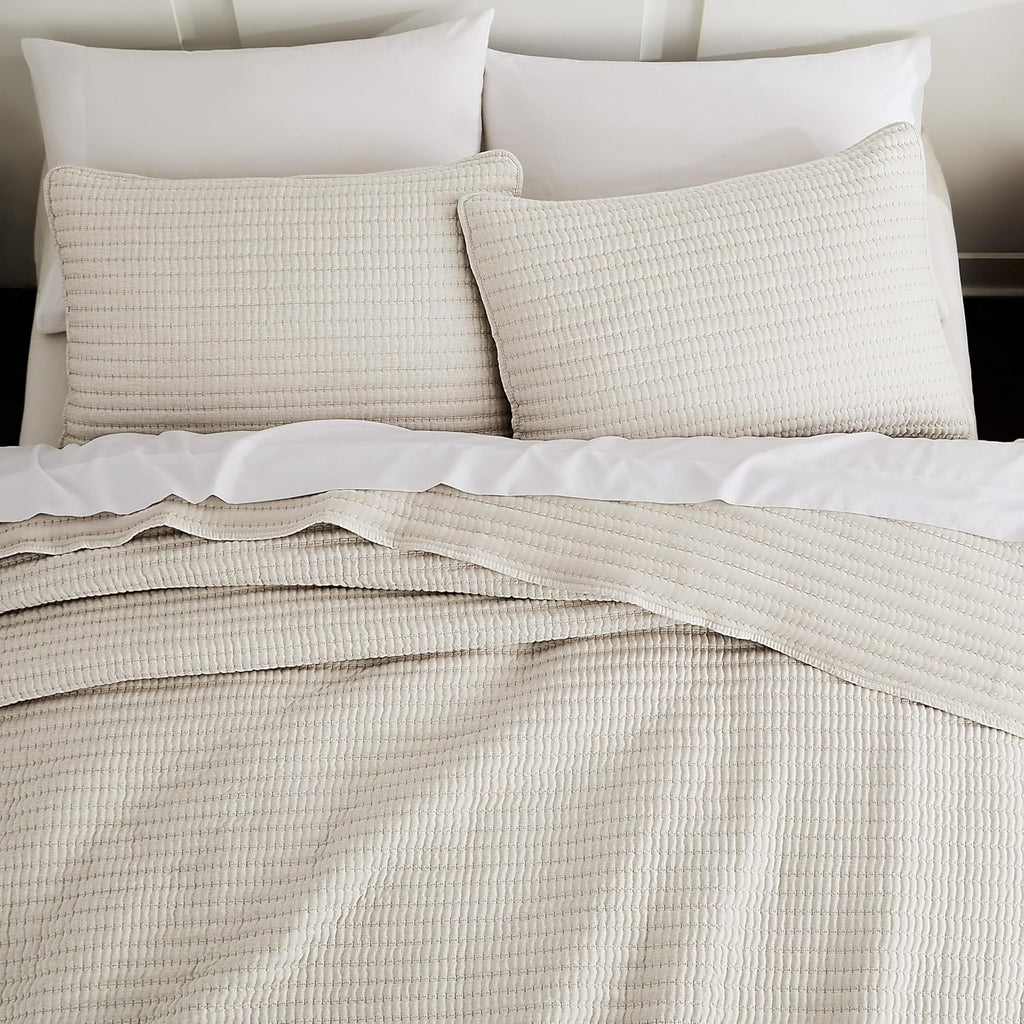 Beige Pick Stitch King Quilt Set, Striped Lightweight Soft Summer Spring Bedspread, Bamboo Linen Like Textured