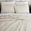 Beige Pick Stitch King Quilt Set, Striped Lightweight Soft Summer Spring Bedspread, Bamboo Linen Like Textured