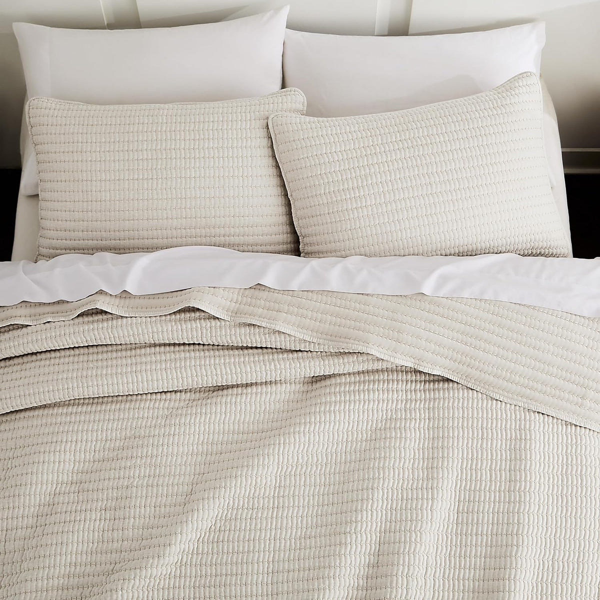 Beige Pick Stitch King Quilt Set, Striped Lightweight Soft Summer Spring Bedspread, Bamboo Linen Like Textured