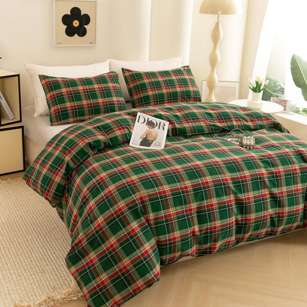 Cotton 3 Pcs Duvet Cover Set Linen Feel Buffalo Plaid King