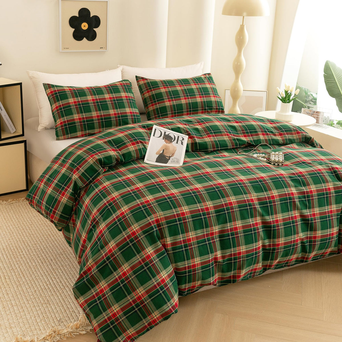 Cotton 3 Pcs Duvet Cover Set Linen Feel Buffalo Plaid King