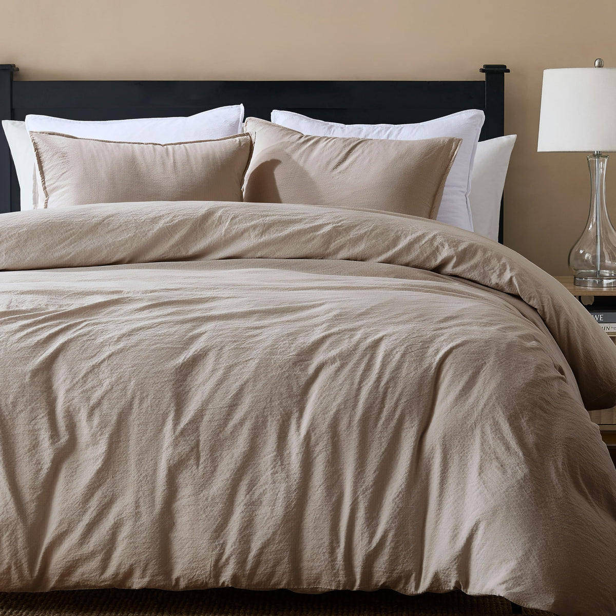 Dark Beige King Size Jacquard Duvet Cover Set with Zipper Closure, Modern Washed Soft Striped Bedding, Textured