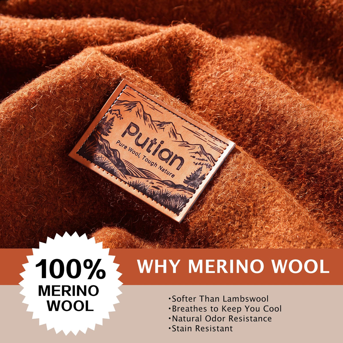 100% Wool Blanket - Camping Outdoor Blanket, 63"×87", Orange