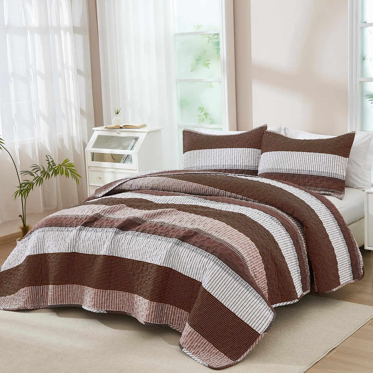 Quilt Set Brown, 3 Pcs Bedspreads & Coverlets
