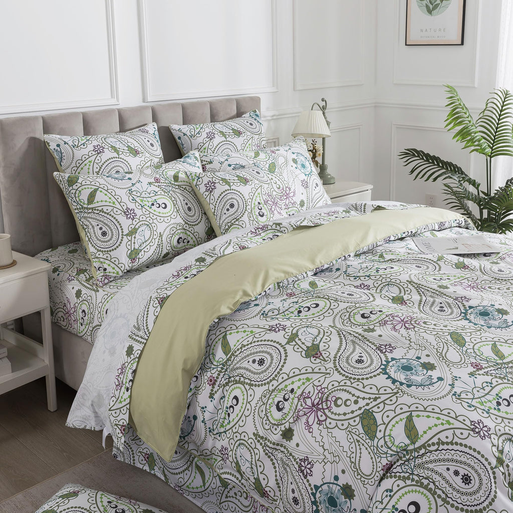 100% Cotton Duvet Cover Set 3 Pieces Sage Green Paisley Bedding, Modern Botanical Floral Paisley Comforter