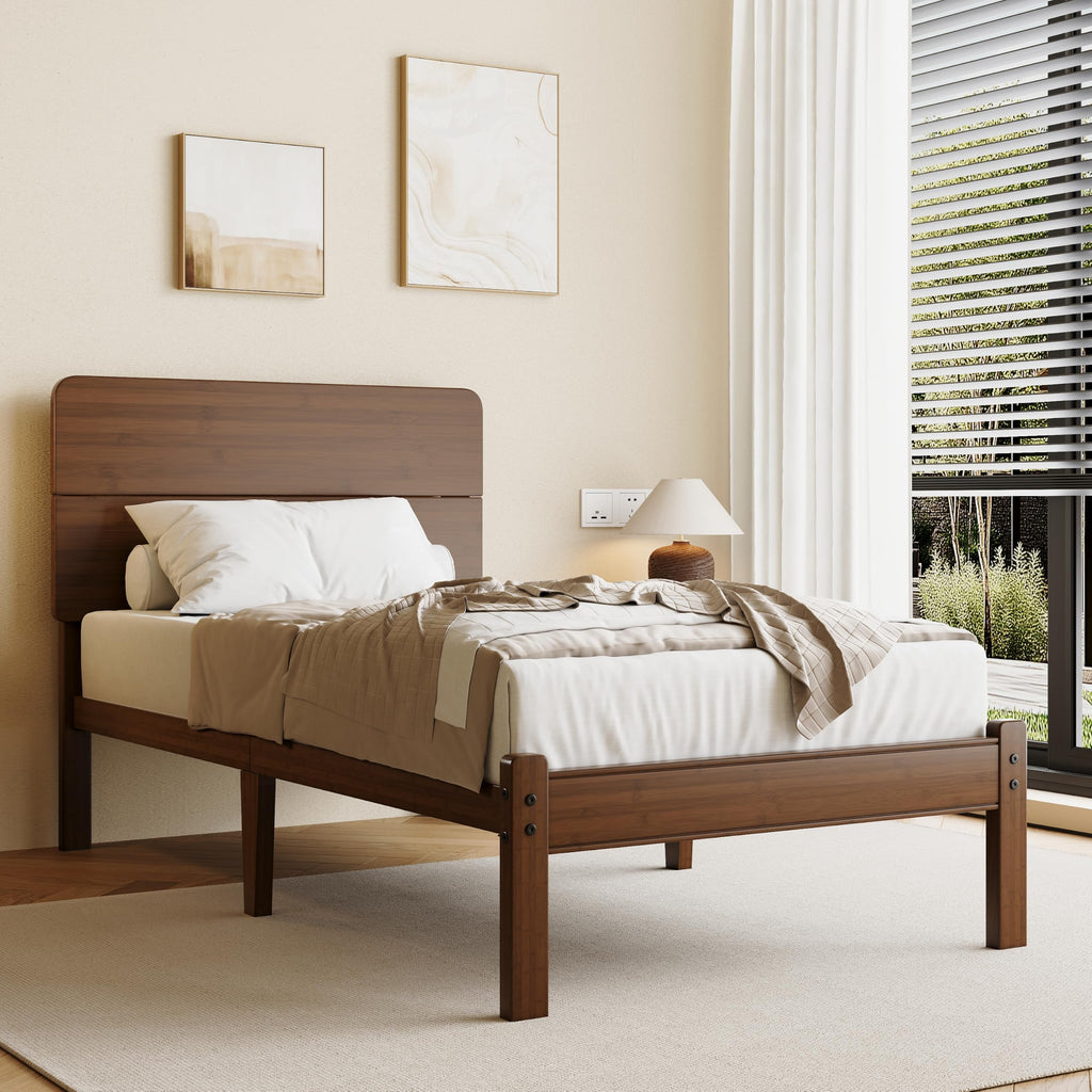 14" Solid Bamboo Wood Twin XL Platform Bed Frame with Headboard