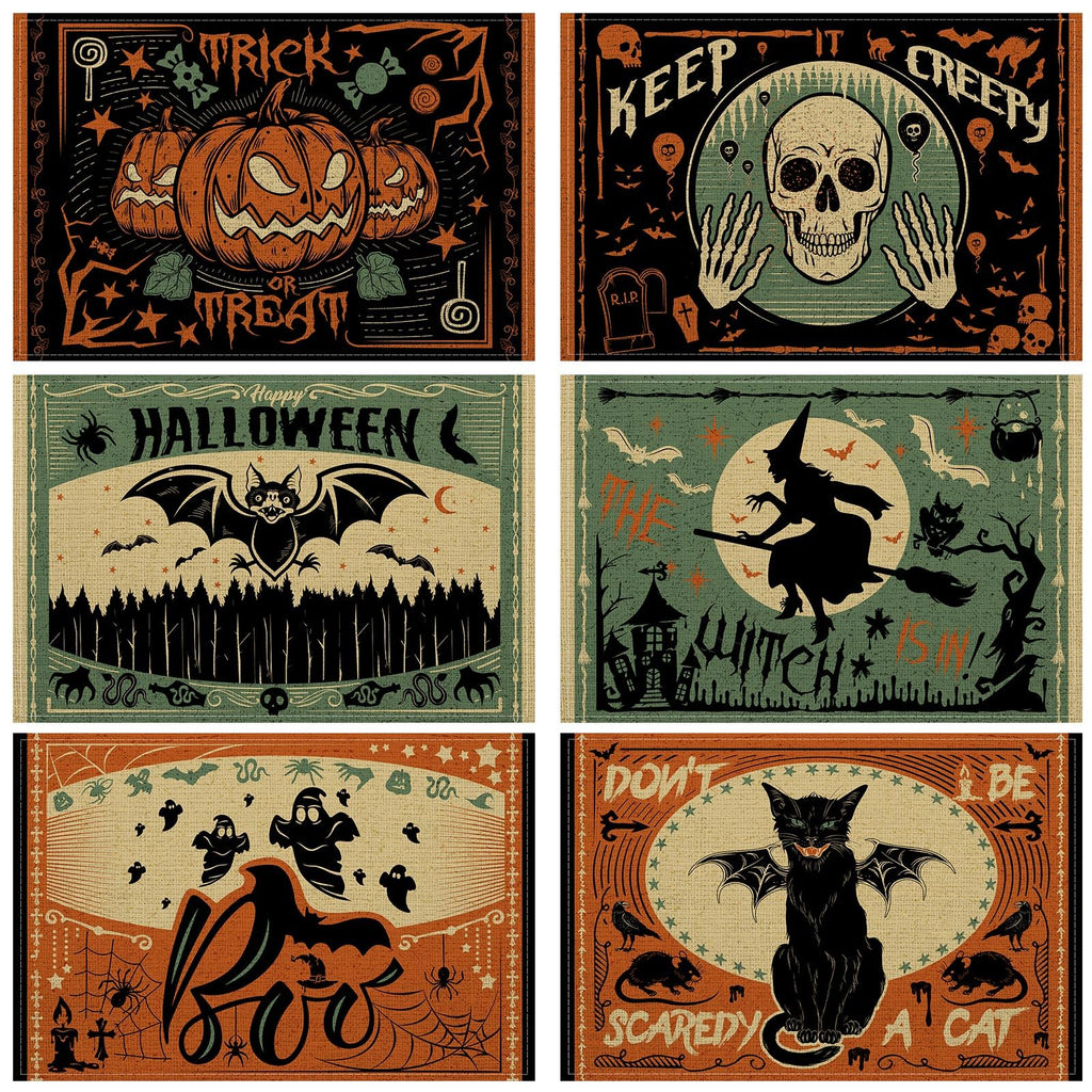 6 Pcs Halloween Placemats 12"x18" Gothic Bat Placemats Kitchen Decoration Washable Witch Place Mats Rectangle Skull