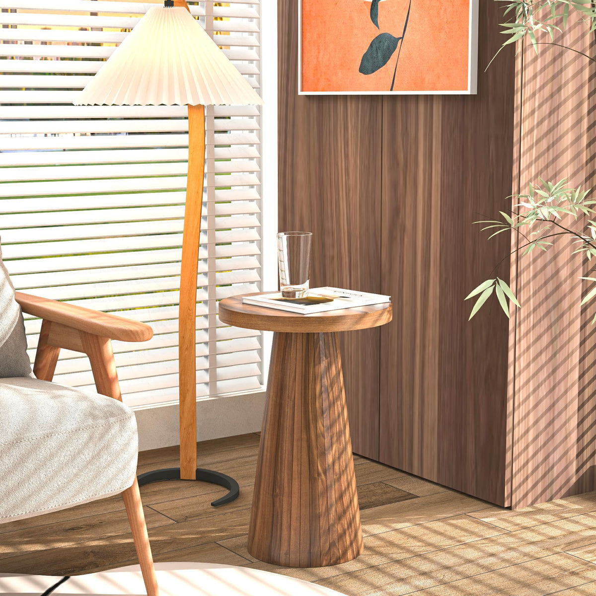 Inspired Saarinen Style Small Round Pedestal Side Table, Wooden, Fluted Drink Table for Small Space, Modern Plant Stand Accent Table for