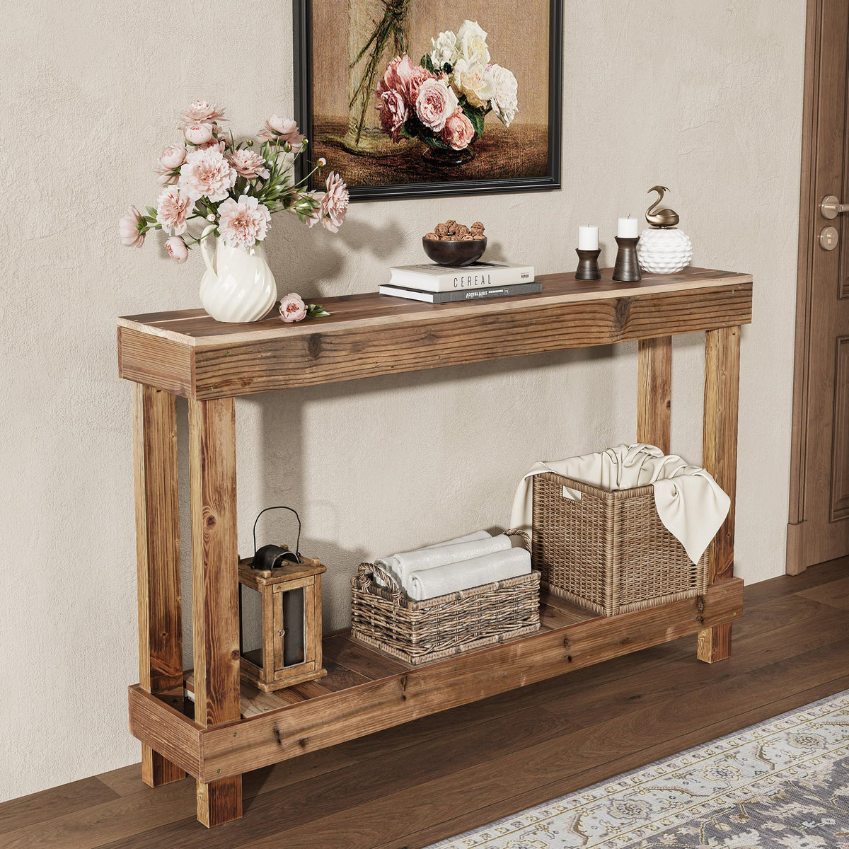 46" Long Farmhouse Console Table, Solid Wood, Natural Brown