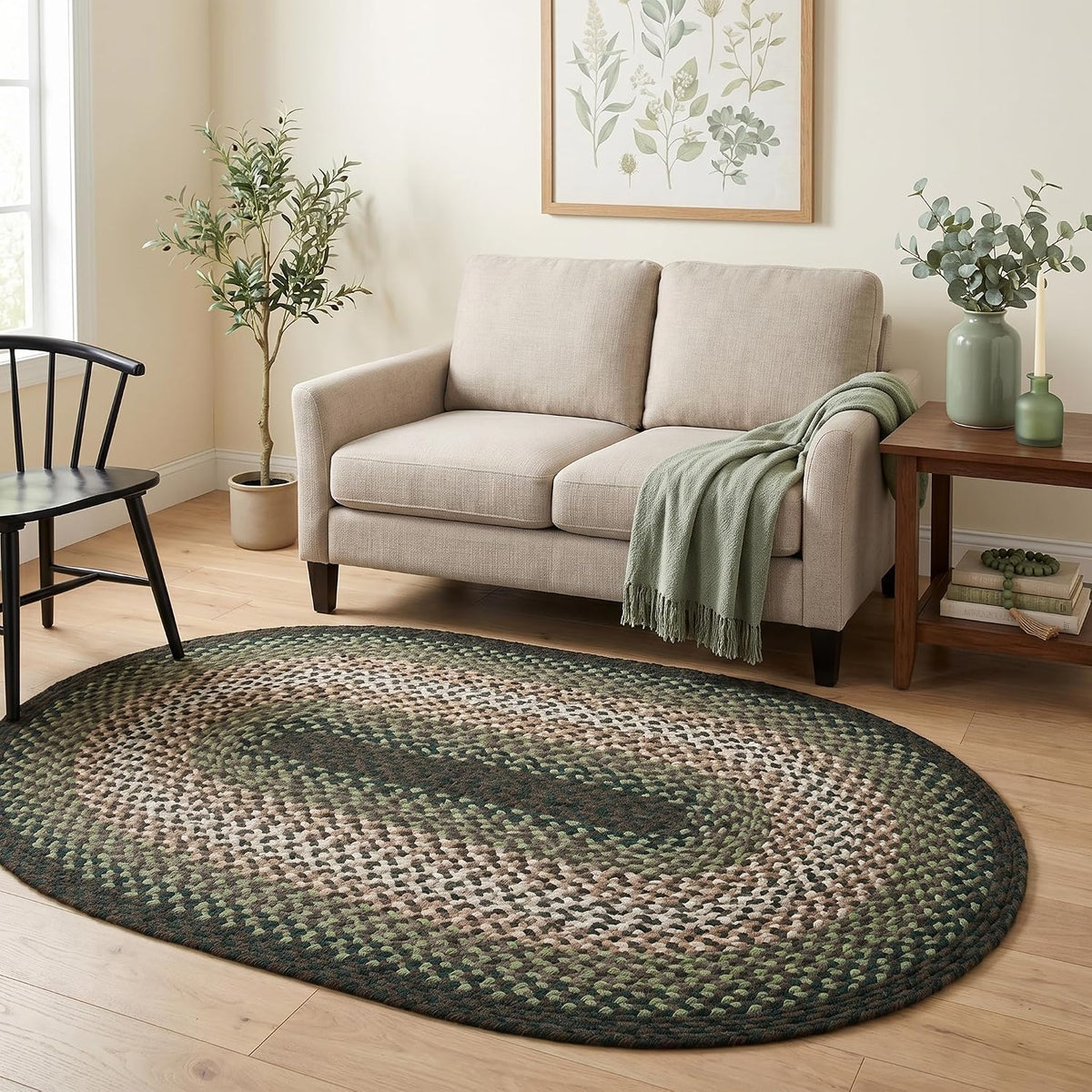 Oval Green - Ivory Oval Braided Rug for Farmhouse Style Bedrooms and Living Rooms