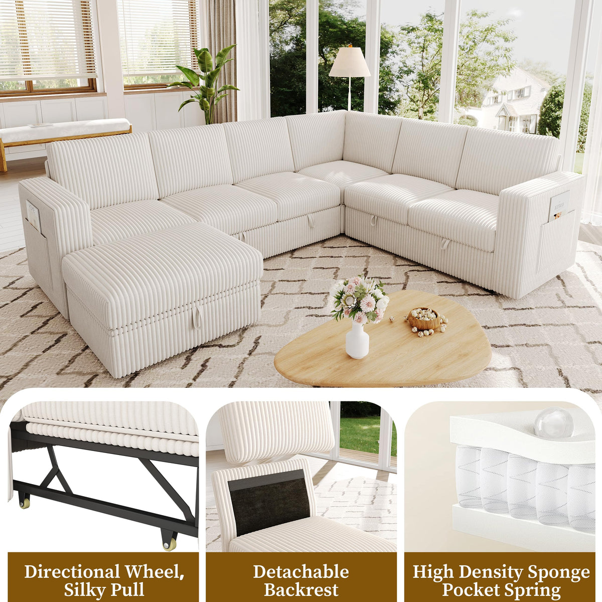 Sectional Sleeper Sofa, Pull Out Couch with Storage, Lvory, 7 Seat