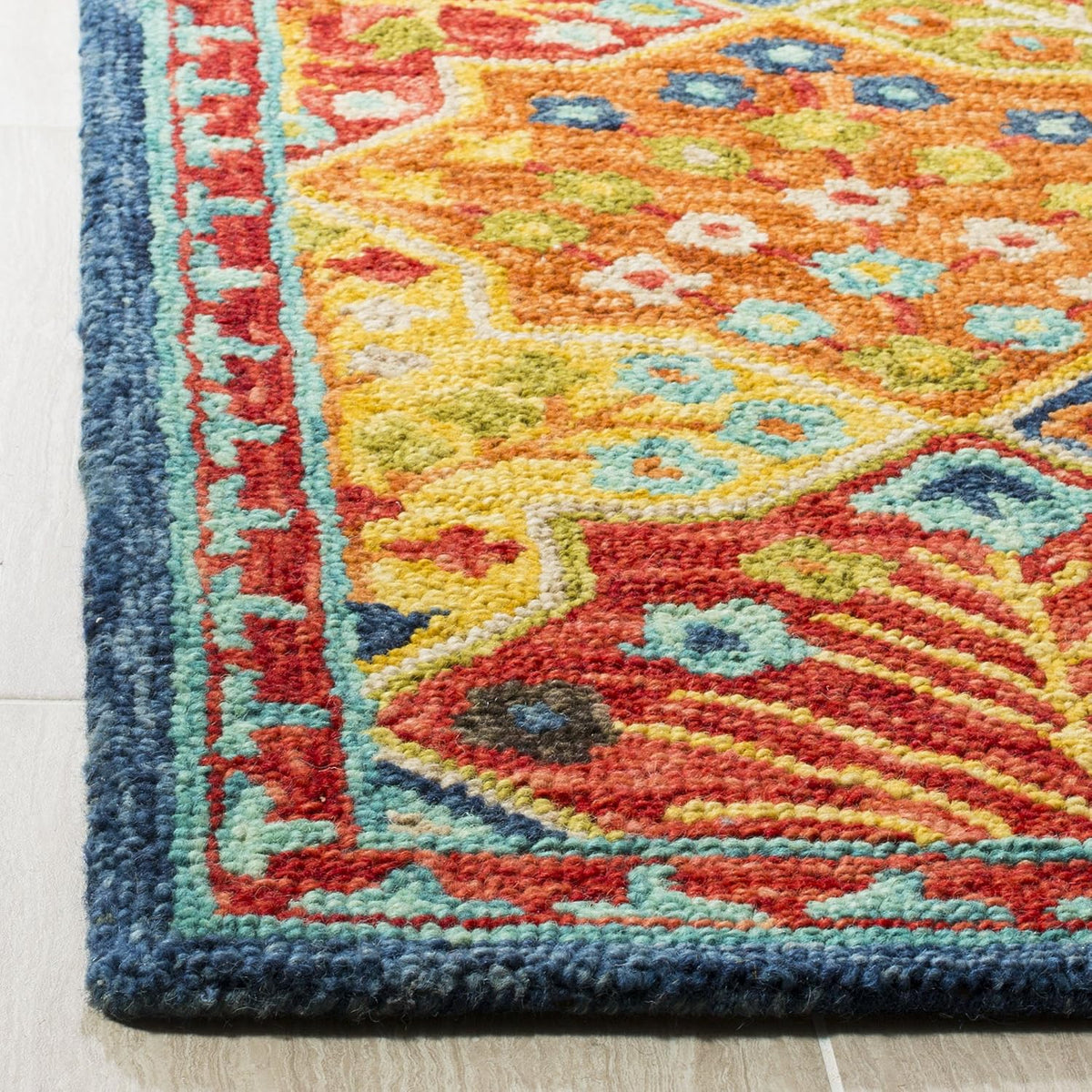 Aspen Collection Area Rug, Blue & Orange, Handmade Boho Wool, Ideal for High Traffic Areas in Living