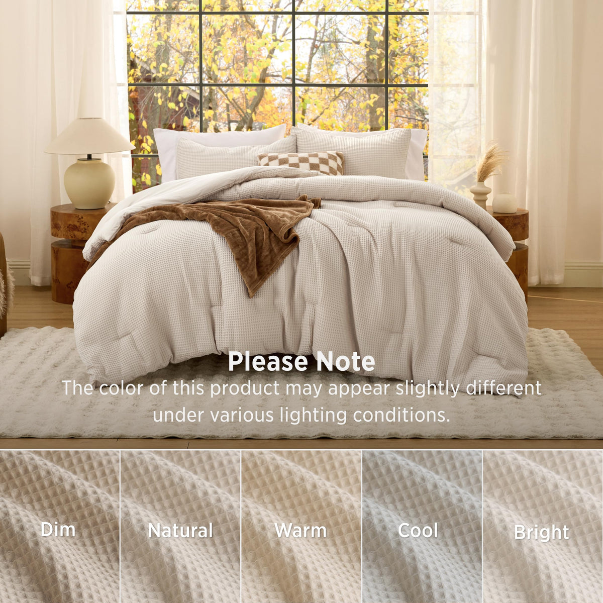 Beige Comforter Set, Waffle Ultra Soft Bedding 3 Pieces