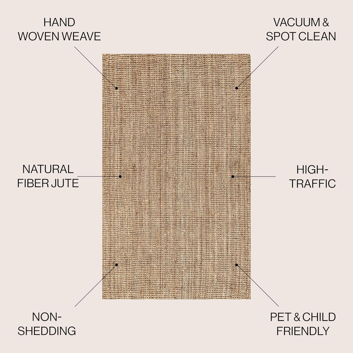 Pata Hand Woven Chunky Jute Natural Area Rug, Bohemian, Rustic, Cottage, Easy-Cleaning