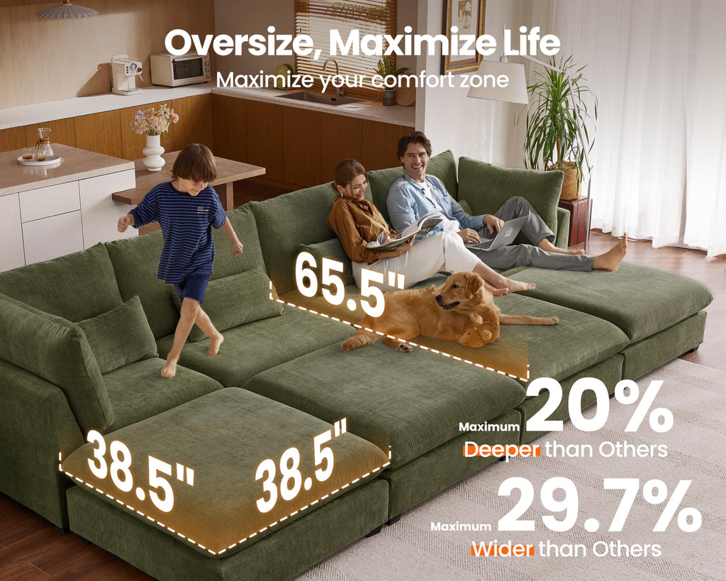 115" Oversize Chenille Modular Sectional Sofa Couches, Green